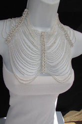 Silver Shoulders Chain Rhinestones Strands + Earrings